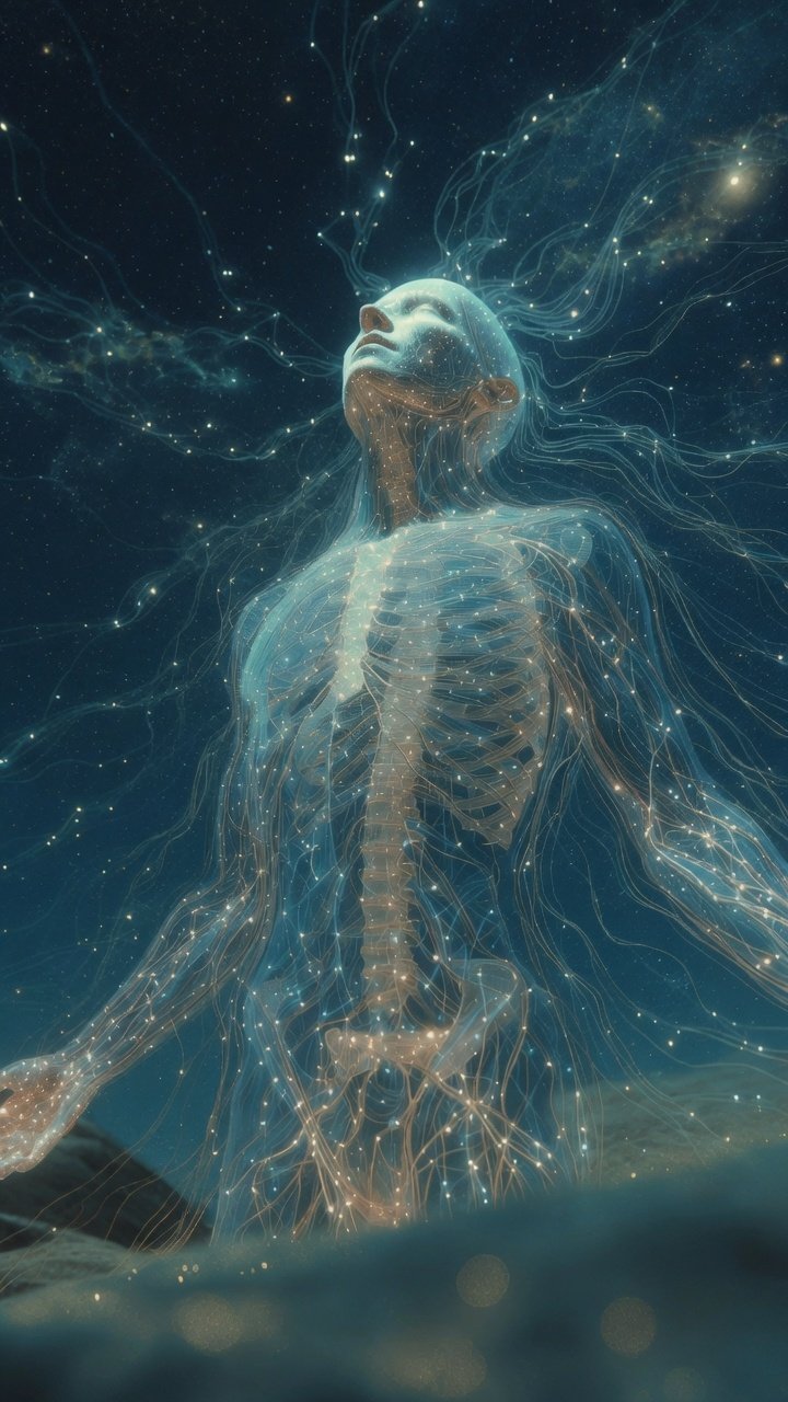 A translucent human figure filled with points of light, its biofield streaming outward in sea-glass and gold