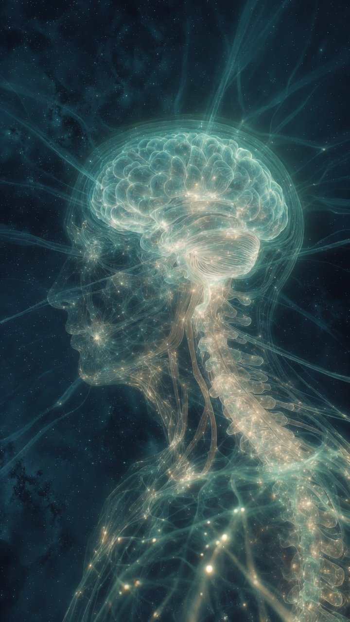A translucent human profile with a glowing brain and spine traced in light, in sea-glass and gold